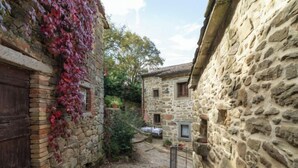 Un estrecho callejón adoquinado con edificios de piedra rústica, una puerta de madera y una pequeña zona ajardinada.