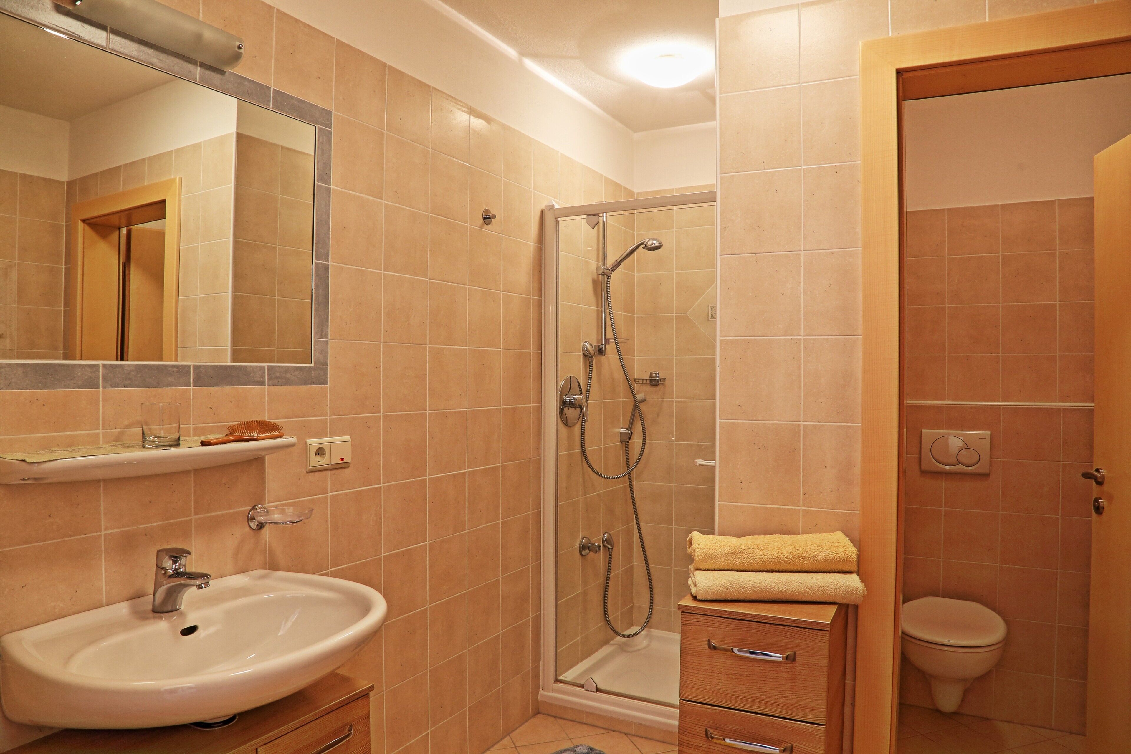 Shower, hair dryer, towels