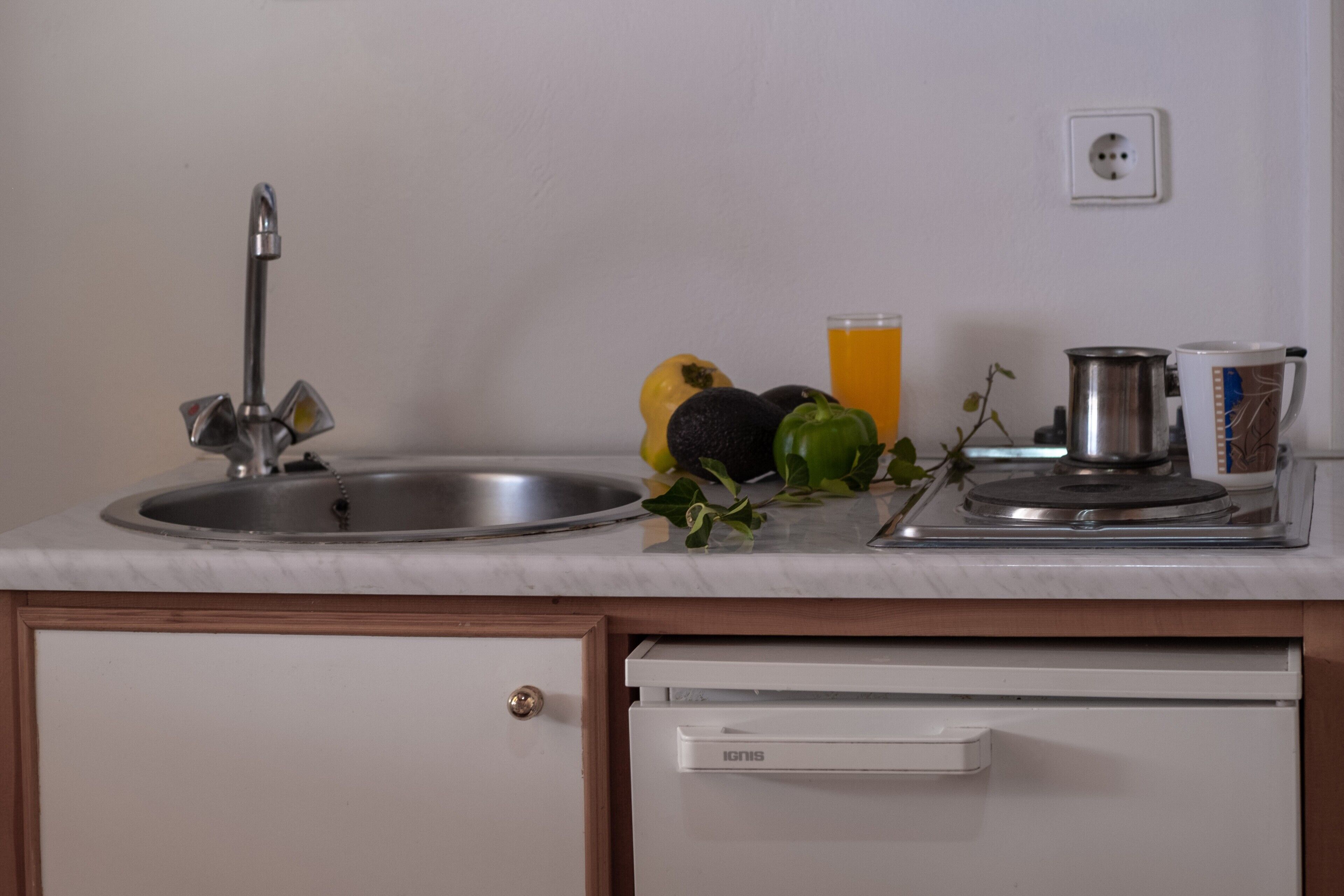 Frigorífico, placa de cocina, utensilios de cocina y especias