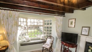 A cozy room with a bay window, a television, a fireplace, and a wooden chair. - Bute Cottage (Pickering)