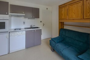 Eine kompakte Küche mit Geschirrspüler, Mikrowelle und Spüle. Ein Türkis-farbenes Sofa und Holzschränke sind vorhanden.