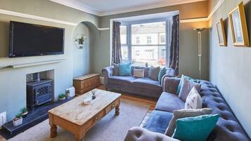 TV, fireplace, books, offices