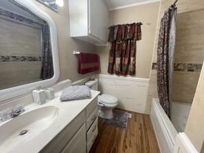 A bathroom with a sink, toilet, and shower.