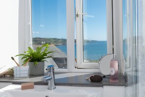 A bathroom with a sink, a potted plant, a bottle of lotion, and a view of the sea through a window.