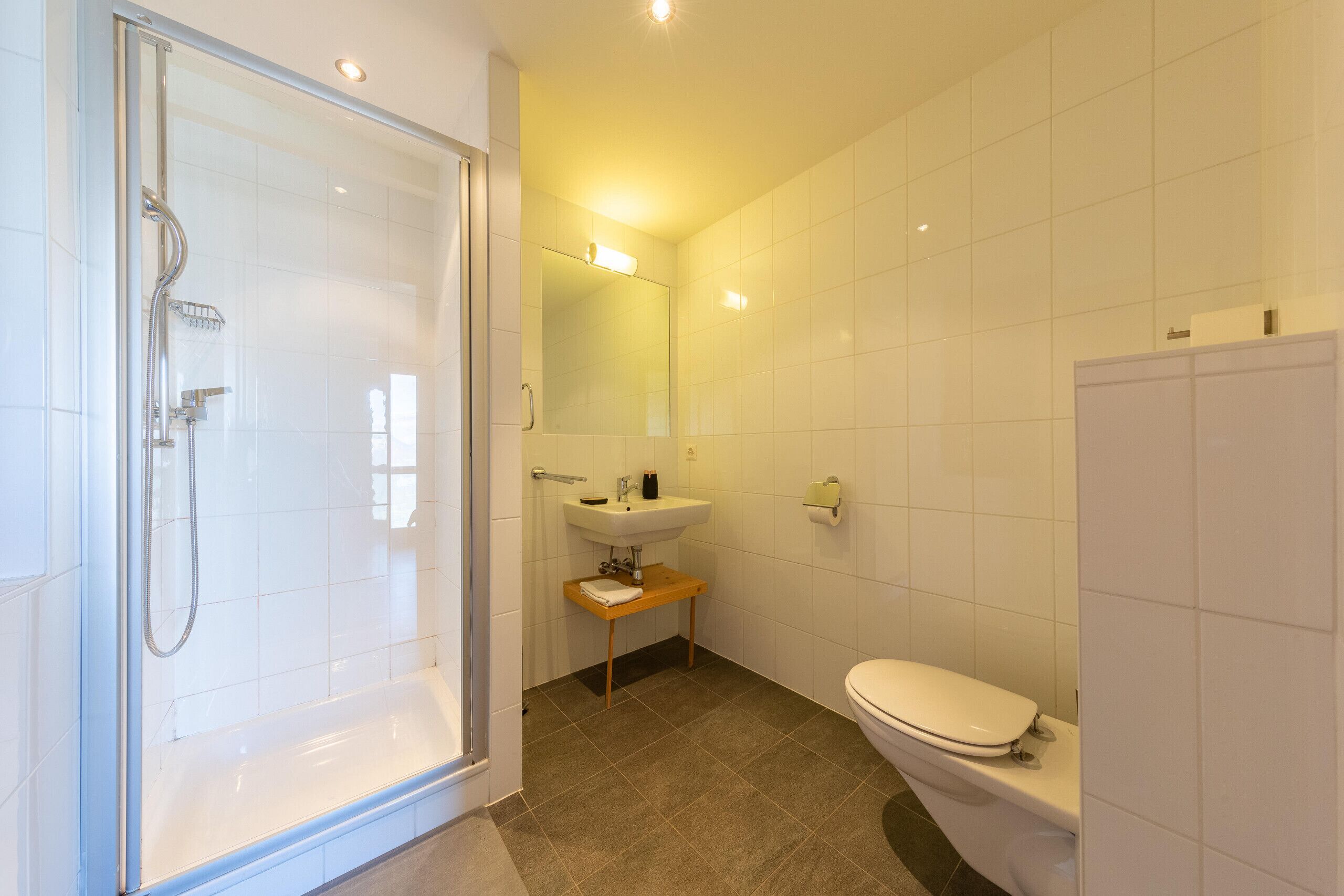 Un baño moderno con ducha de vidrio, lavamanos blanco y un inodoro.