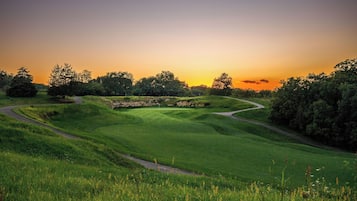 A golf course with a winding path, lush green grass, and trees under a sunset sky.