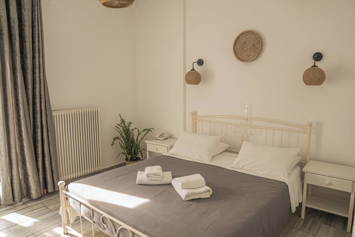 A neatly arranged bedroom with a bed, bedside tables, a nightstand, a potted plant, and a radiator.