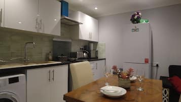 Fridge, microwave, electric kettle, toaster