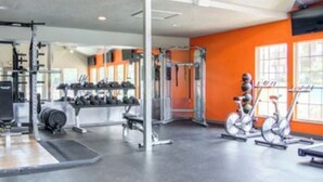 Une salle de sport équipée de matériel d’exercice, d’un banc de musculation et d’un vélo fixé au mur.