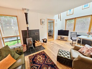 Smart TV, DVD player, books, video library