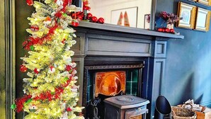 Une cheminée traditionnelle, avec un sapin de Noël décoratif agrémenté de guirlandes lumineuses et d’ornements.