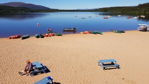 A beach with canoes, a dog, and a person.