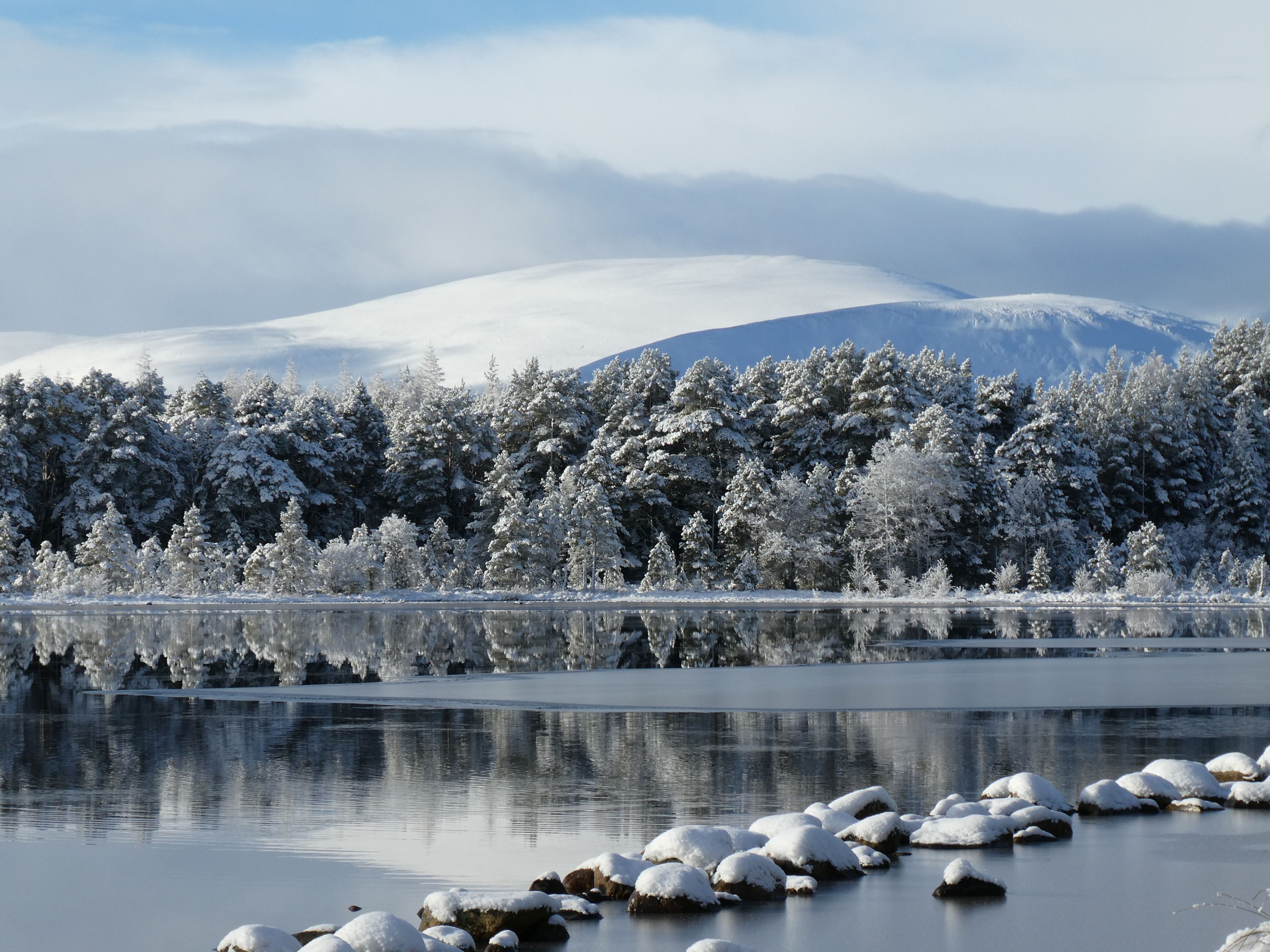 Rauhallinen talvimaisema, jossa on tyyni järvi, lumipeitteiset puut ja kaukana horisontissa kohoavat vuoret.