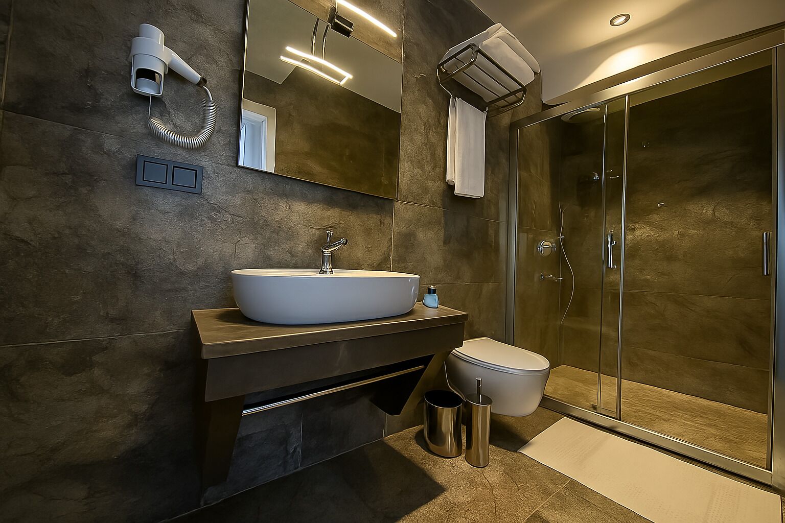 A modern bathroom with a large mirror, a vessel sink, a toilet, and a glass shower enclosure.