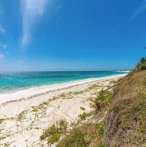 Enjoy the serene coastal landscape with a sandy beach and grassy areas.