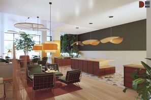 Eine moderne Hotelhalle mit einer zentralen Sitzecke, einem Empfangsbereich und einer großen, begrünten Wand mit Pflanzen.