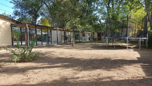 A fenced outdoor area with a trampoline, trees, and a building in the background. - Quiet Bungalow in South West Reno. (Reno)