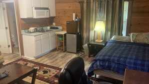 A compact room with a kitchenette, a bed, a desk, and a chair. - Cozy Studio apartment with cabin feel (Tallahassee)