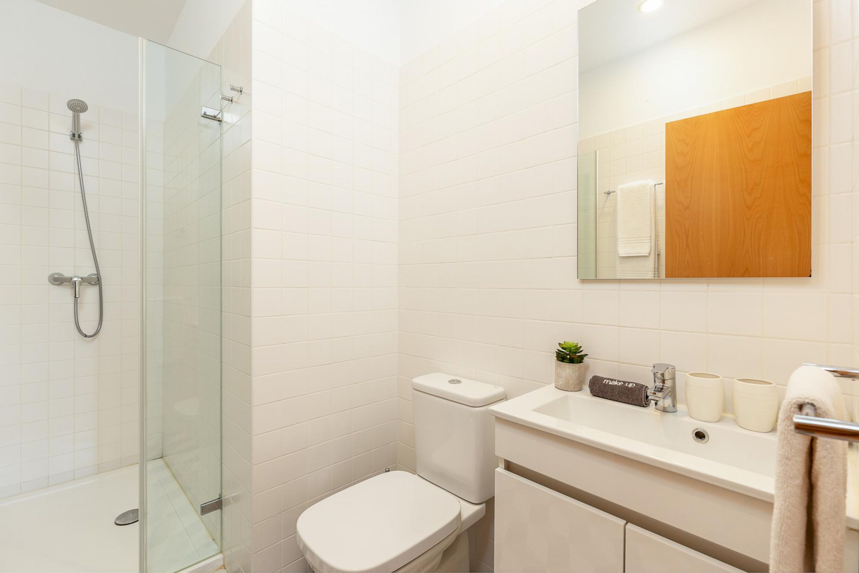 Een badkamer met een douche met glazen wanden, een toilet en een wastafel met spiegel erboven.