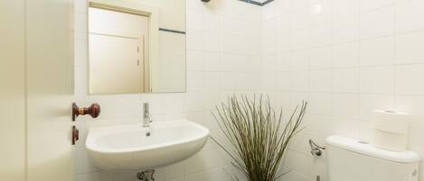 Un baño con un lavabo blanco, un espejo, un inodoro y una planta en maceta.