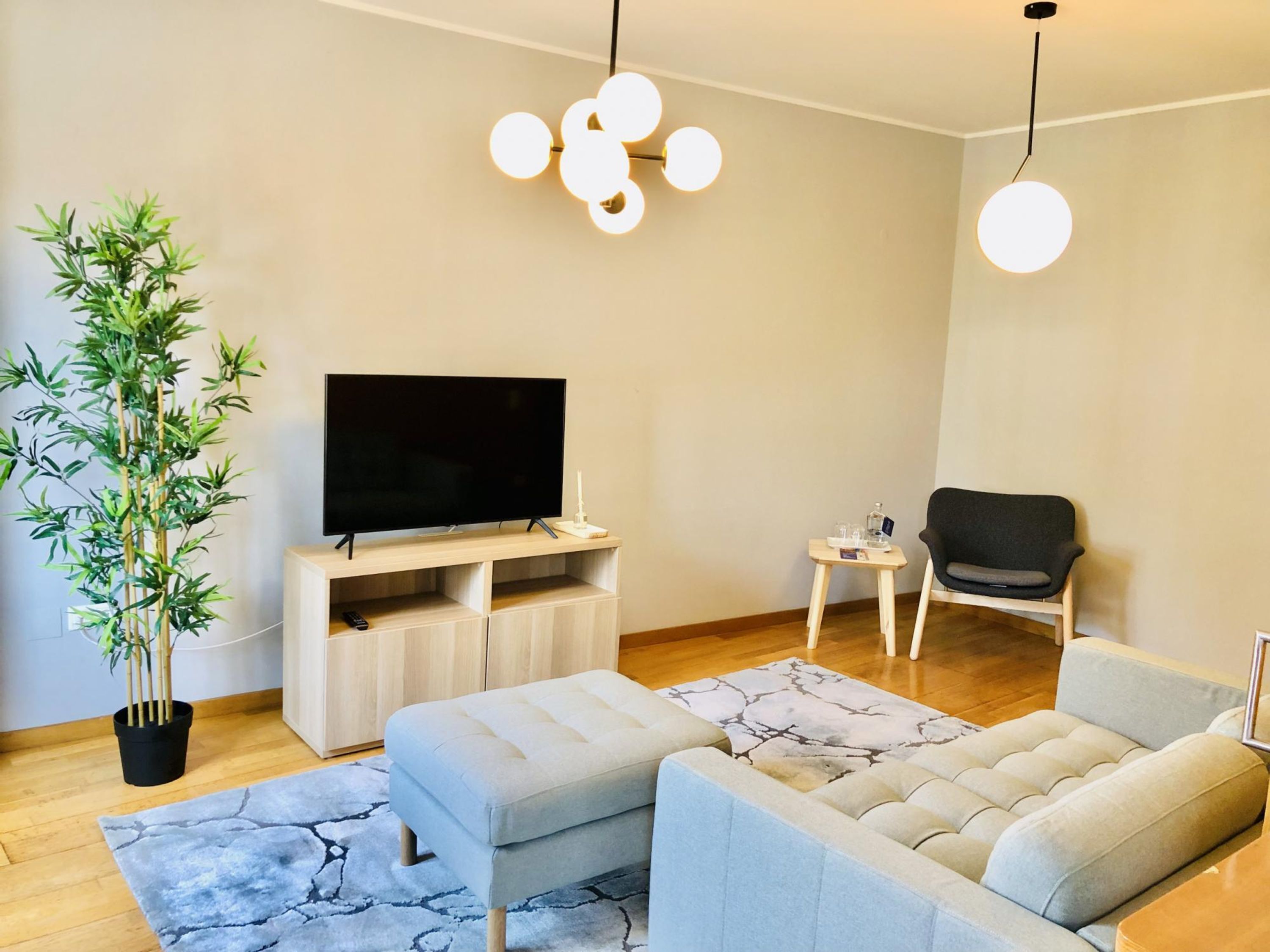 Una sala de estar moderna con un televisor de pantalla plana, un sofá gris, un sillón negro, una mesita auxiliar y una planta en maceta.