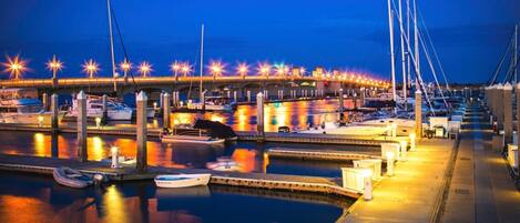 A marina with boats docked, a bridge overhead, and a well-lit waterfront.