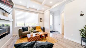 Smart TV, fireplace, books, offices