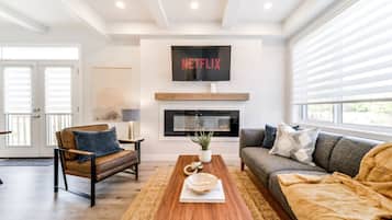 Älytelevisio, takka, kirjoja, työhuone