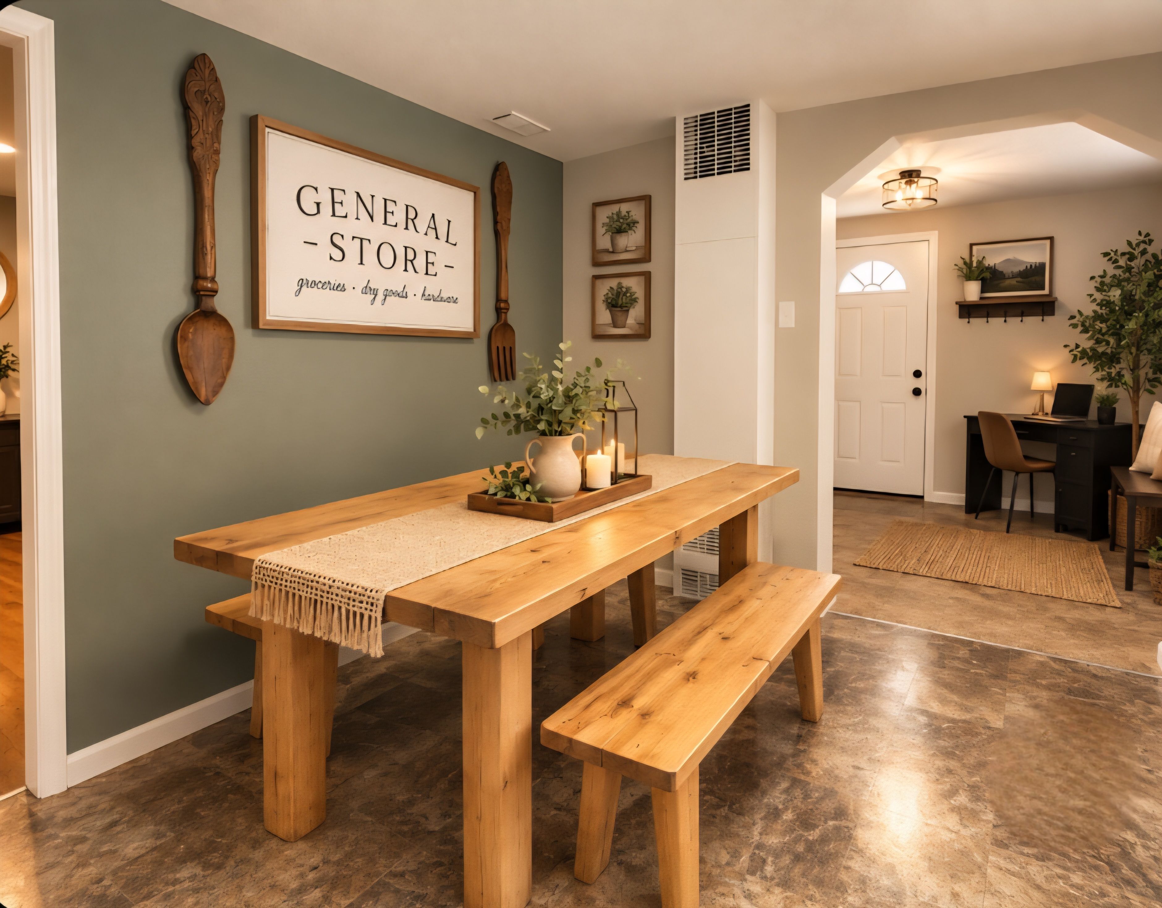A dining area with a wooden table and bench, a wall-mounted sign, and a door leading to another room.