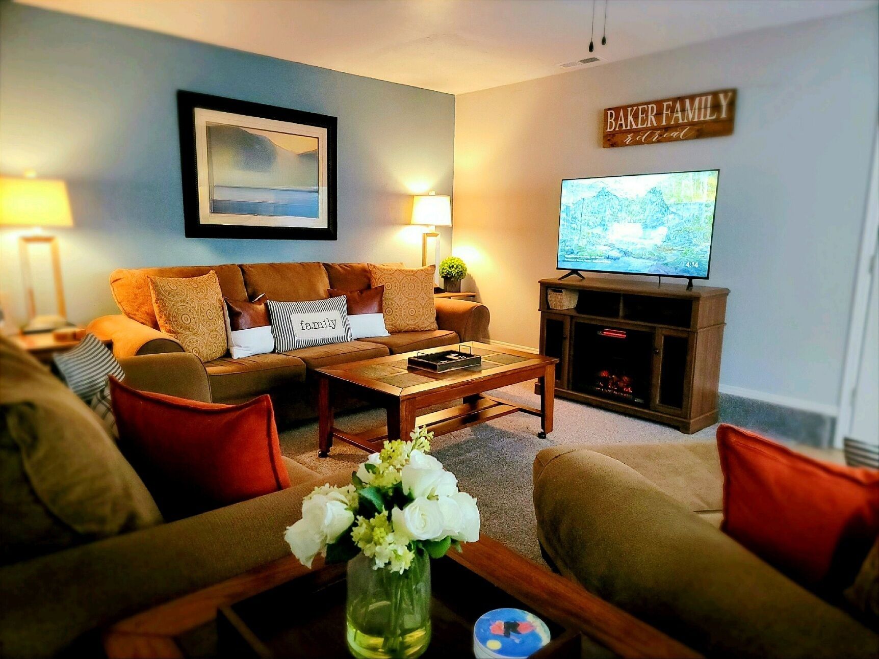 Smart TV, chimenea y libros 