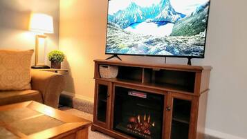 Smart TV, fireplace, books