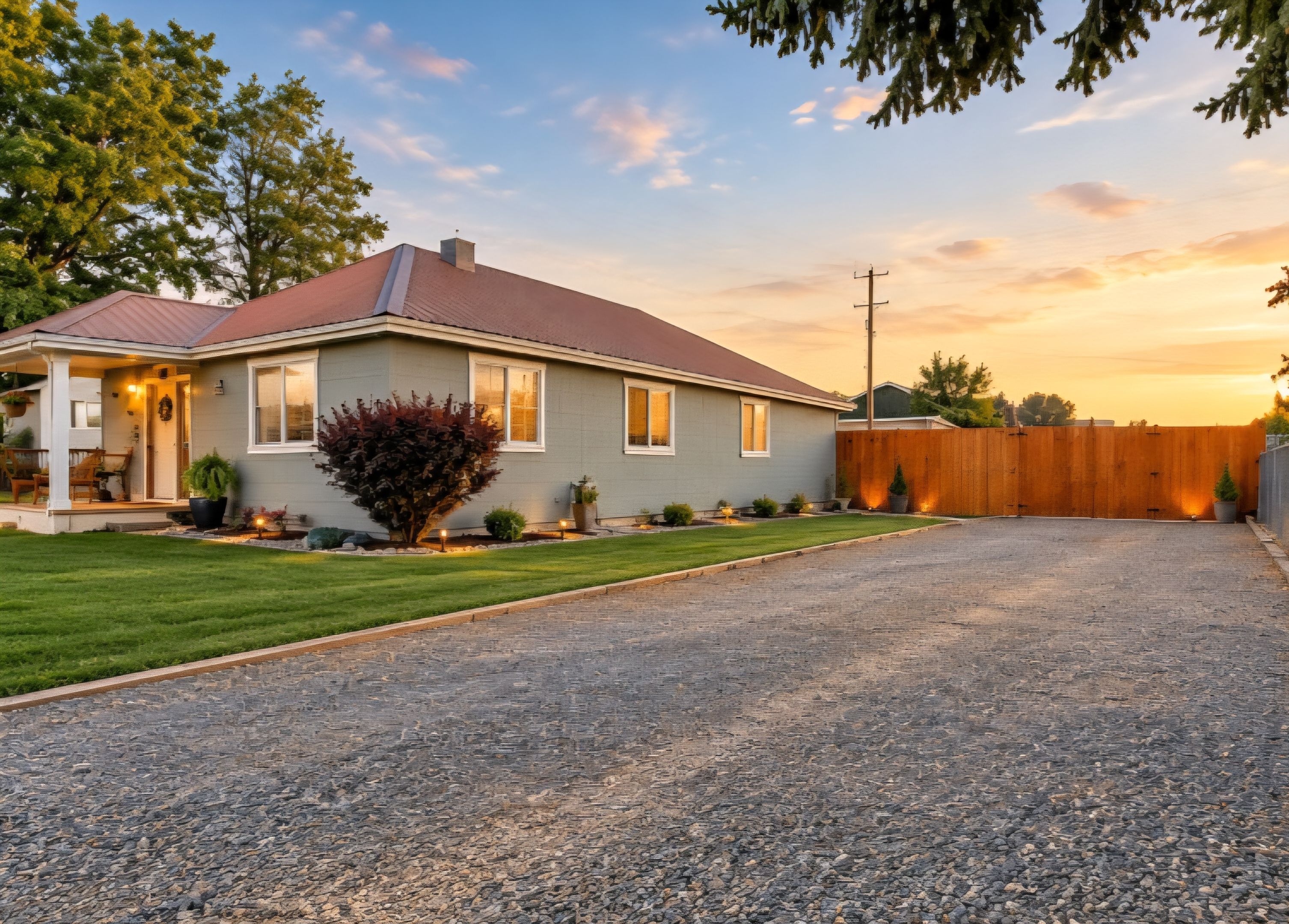 A residential house with a paved driveway, a wooden fence, and a well-maintained lawn.