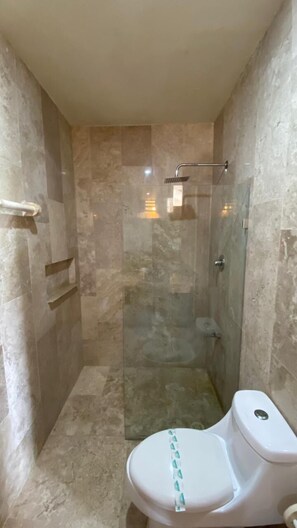 A small, enclosed shower stall with a glass door, a white toilet, and a shelf on the left wall.