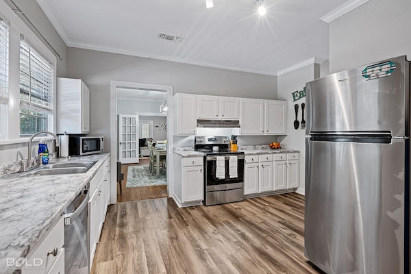 Fridge, microwave, oven, coffee/tea maker