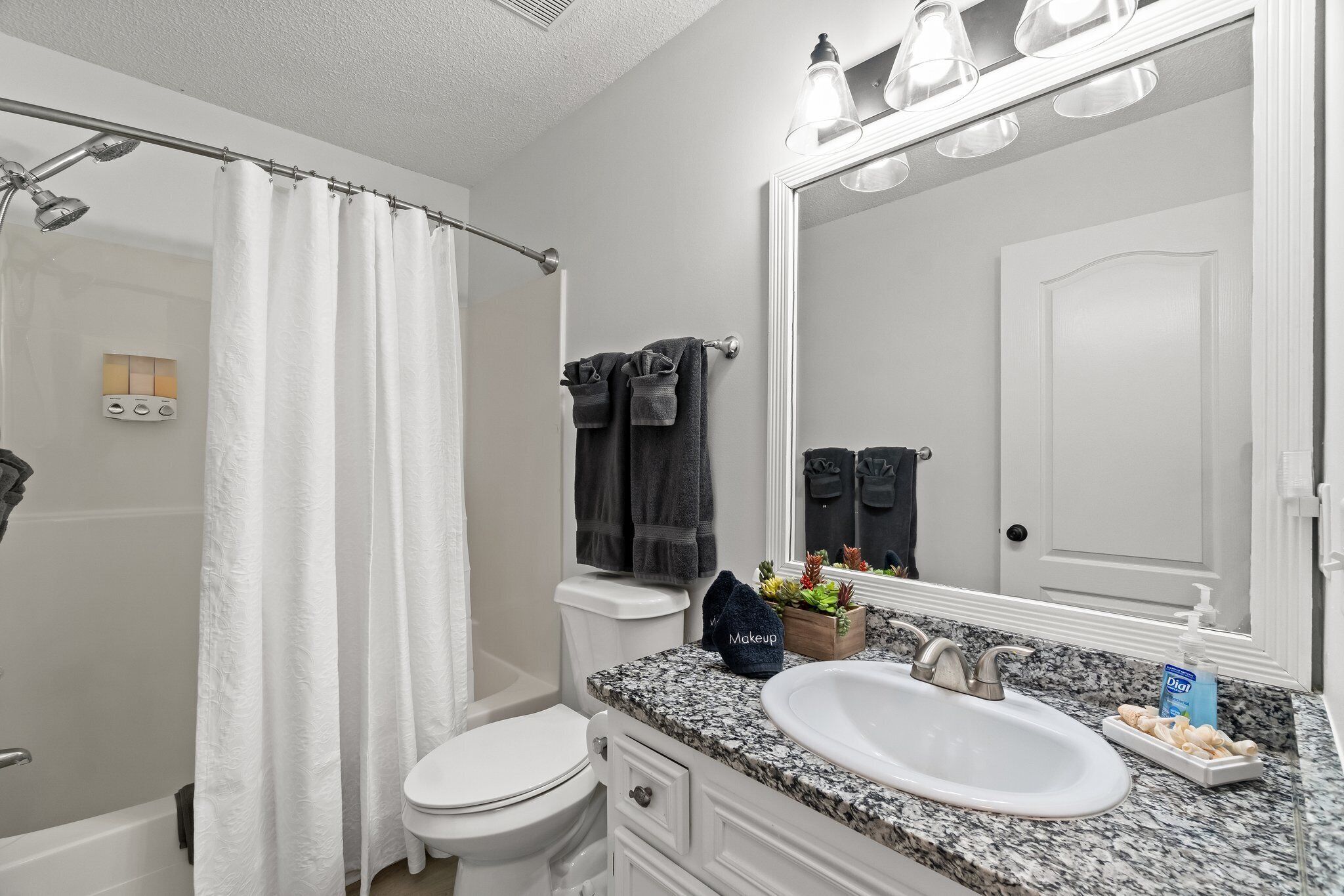 Baño con ducha, inodoro, lavabo y un espejo grande.