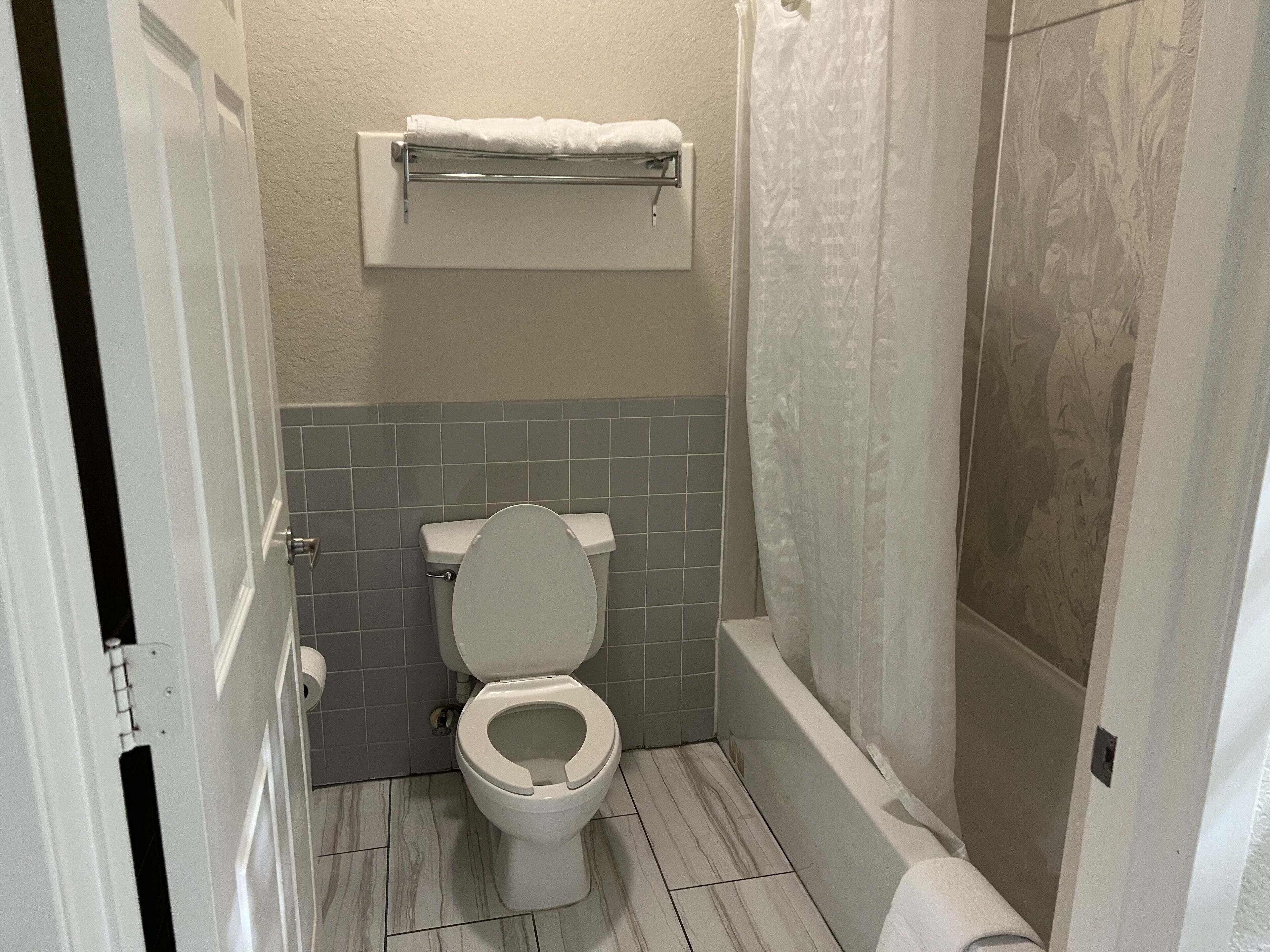 A bathroom with a toilet, a shower, and a towel rack.