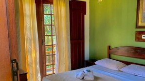 Une chambre d’hôtel avec un lit, des rideaux, une fenêtre et un mur vert.