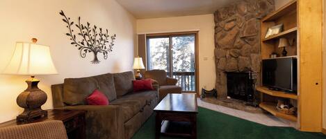 A living room with a stone fireplace, a television, and a sofa.