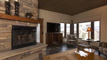 Télévision, cheminée, livres