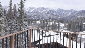 Une vue sur les montagnes depuis un balcon, avec des arbres couverts de neige et un ciel dégagé.