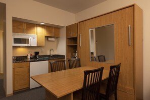 Fridge, microwave, coffee/tea maker, toaster