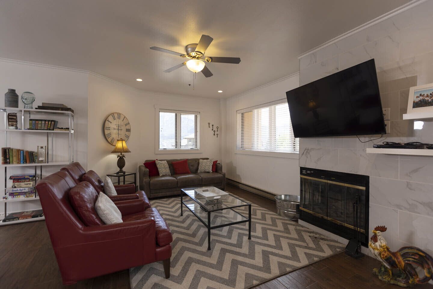 TV, fireplace, books