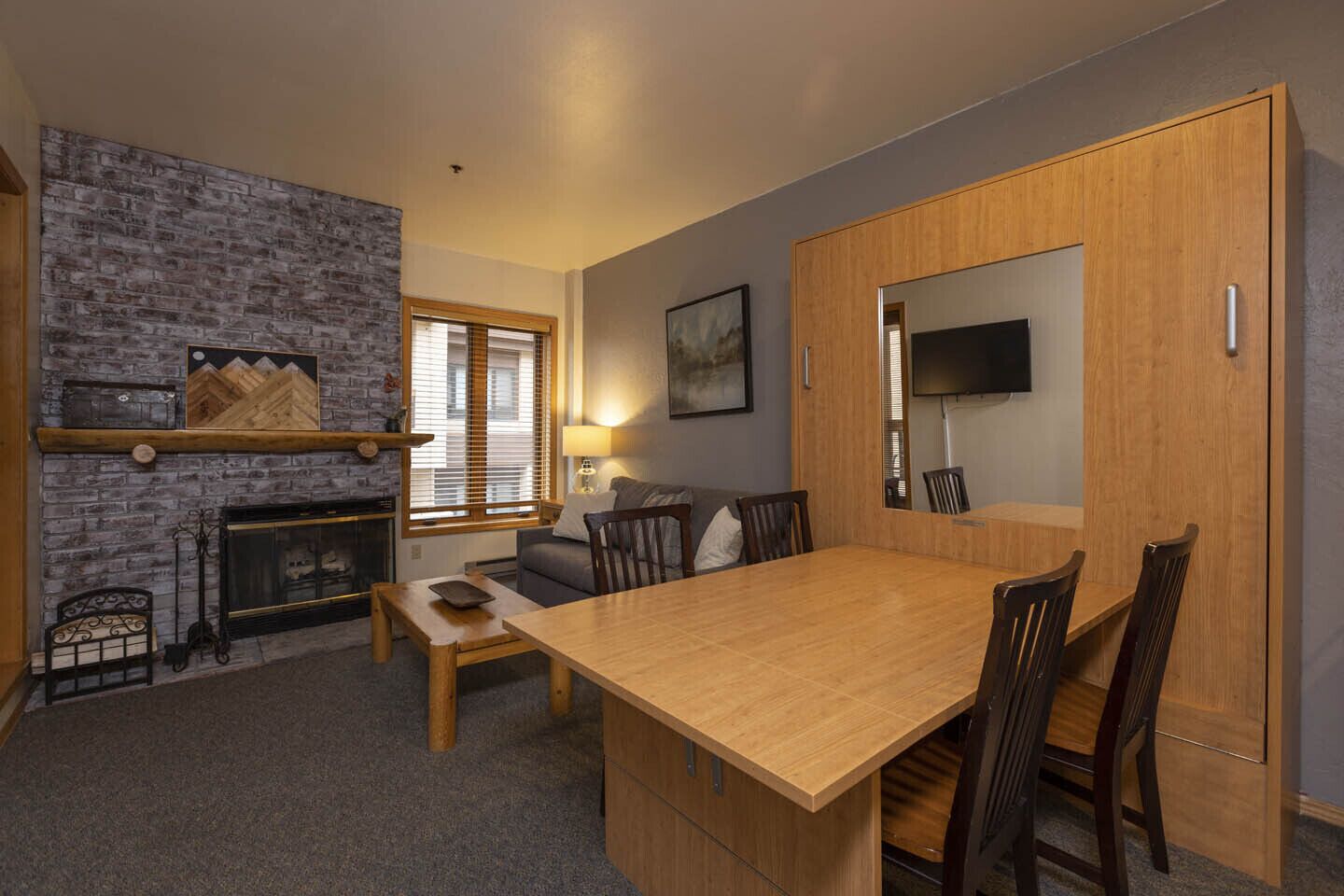 Televisión, chimenea y libros 