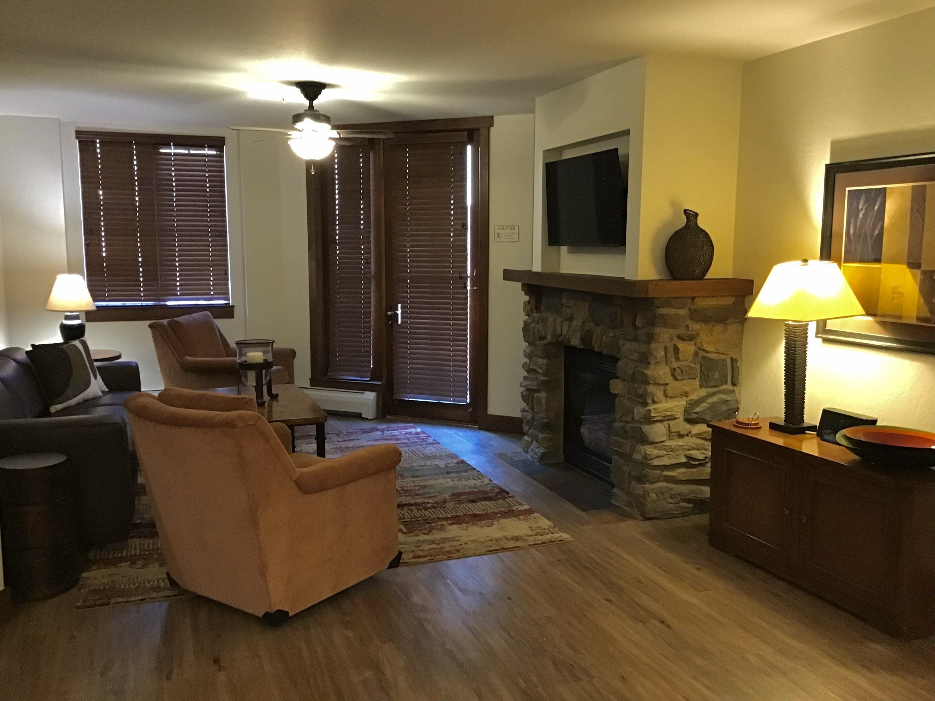 Flat-screen TV, fireplace, books