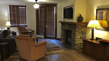 Flat-screen TV, fireplace, books