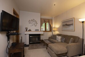 Televisie, een open haard en boeken