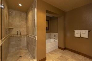 Combined shower/tub, hair dryer, towels