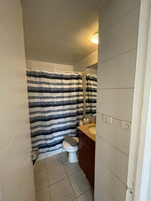 Duschwanne, Haartrockner, Handtücher, Seife