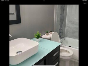 Combined shower/bathtub, hair dryer