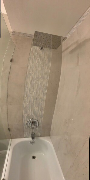 Combined shower/bathtub, hair dryer